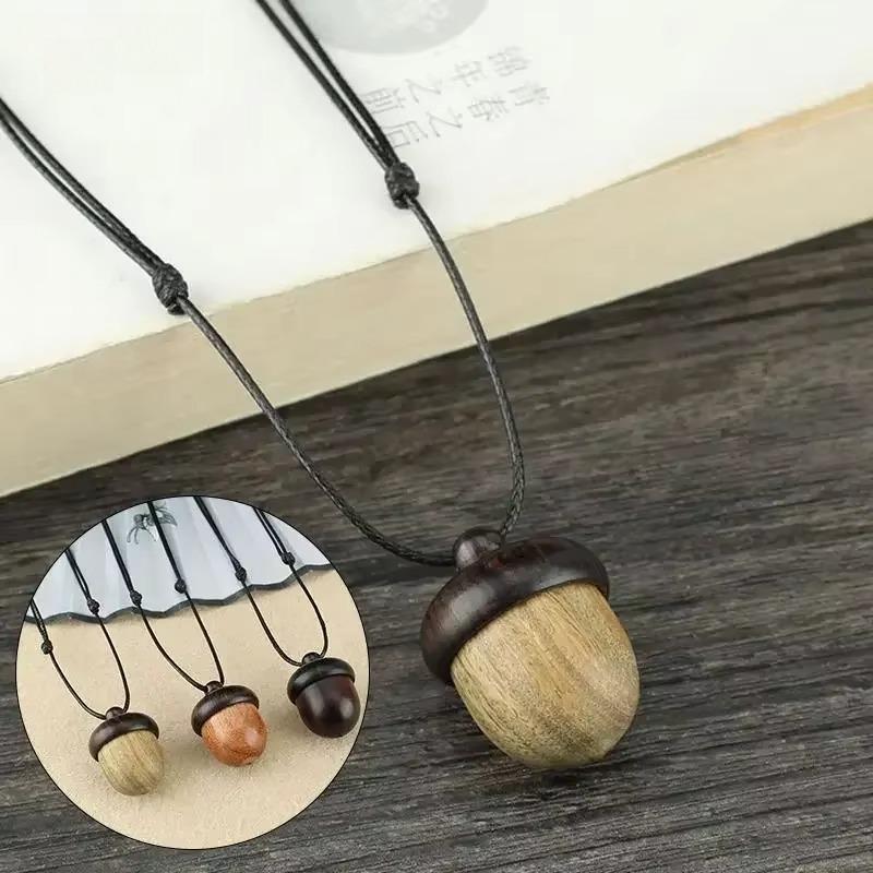 Vintage Sandalwood Acorn Pendant Necklace Simple Openable Acorn Shaped Box Pendant Long Sweater Chain Women's Minimalist Jewelry