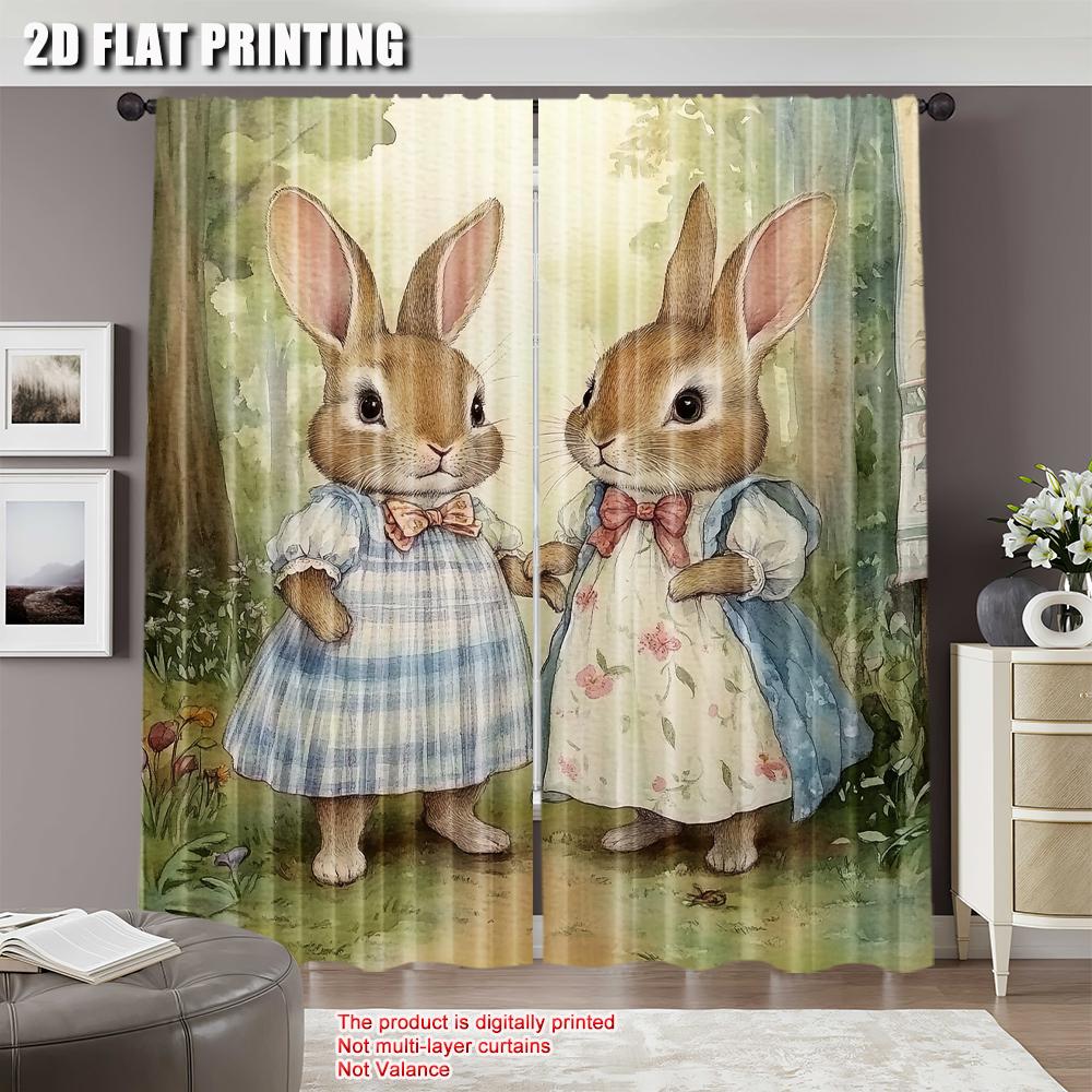 Victorian Rabbit Sisters Curtains Featuring Pair Young Bunnies Dresses Home Living Room Bedroom Kitchen Set Of 2 Made Polyester Sitting Decor