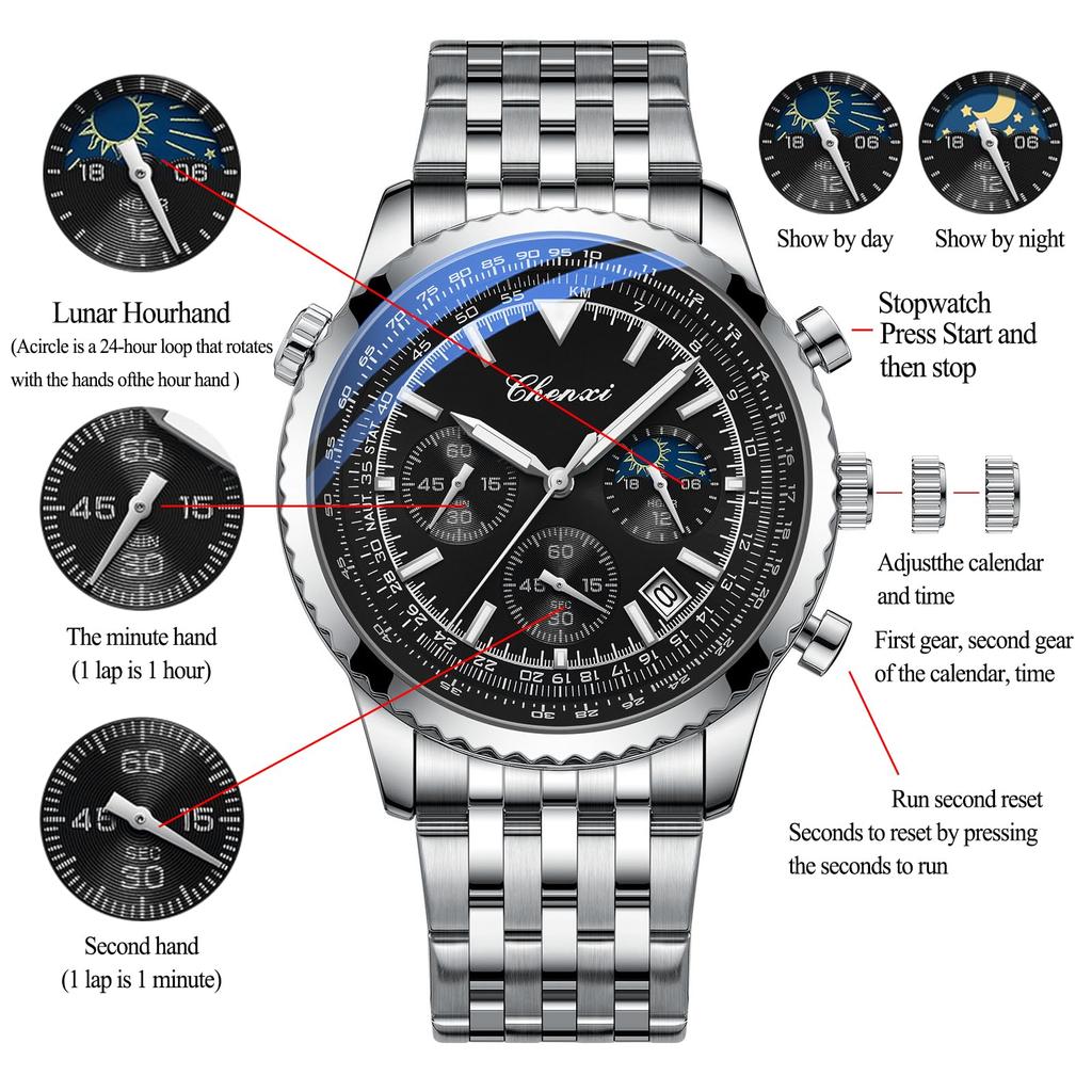 Men's Stainless Steel Watch with Calendar, Analog Display, 3ATM Water Resistance, Small Seconds, Luminous Quartz Movement, Silver, Fashion Accessory