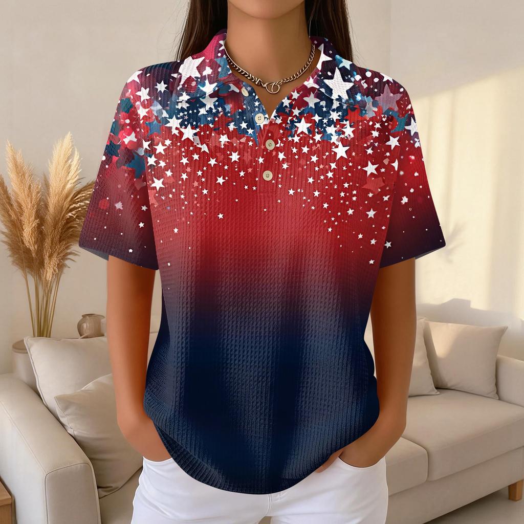 Women’s Casual Short Sleeve Knit Polo Shirt with Button Front and Independence Day Print for Everyday Wear