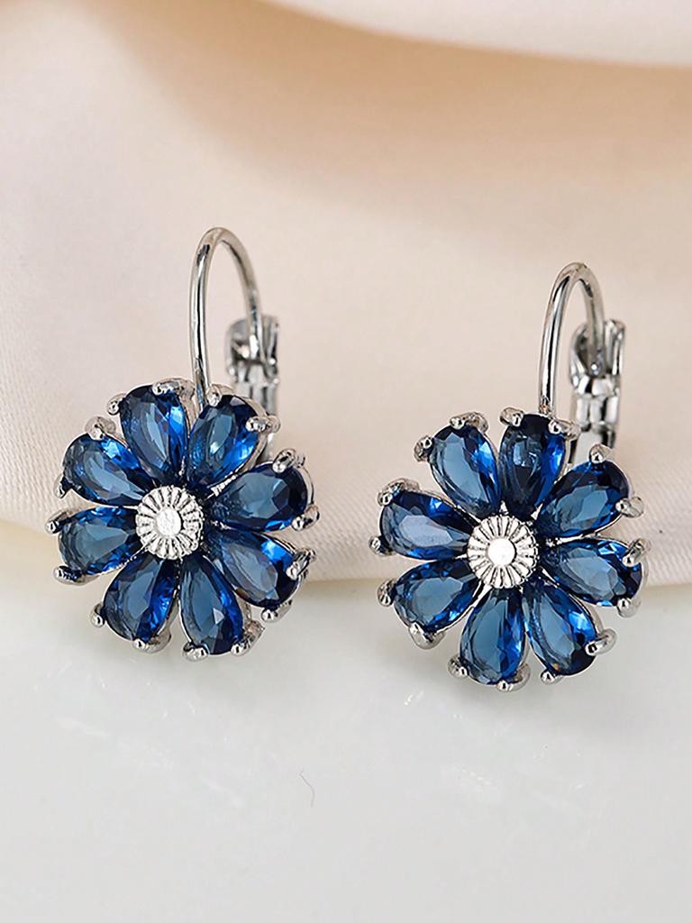 1 Pair Blue Flower CZ Zirconia Hoop Earrings for Women Girl Daily Wear Party Wedding Gift