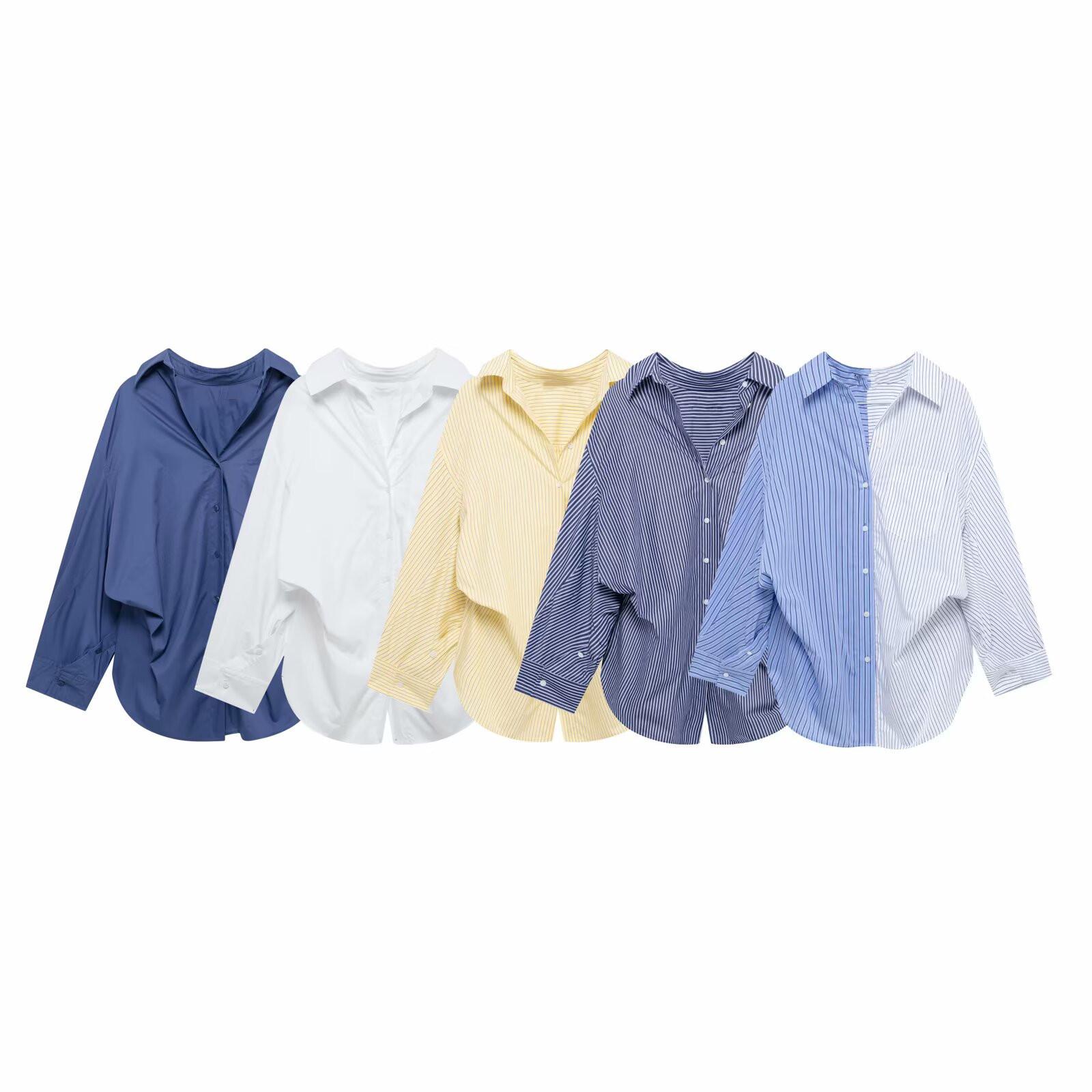 

2025 Spring Women s Long-Sleeve Striped Patchwork Poplin Shirt Small белый