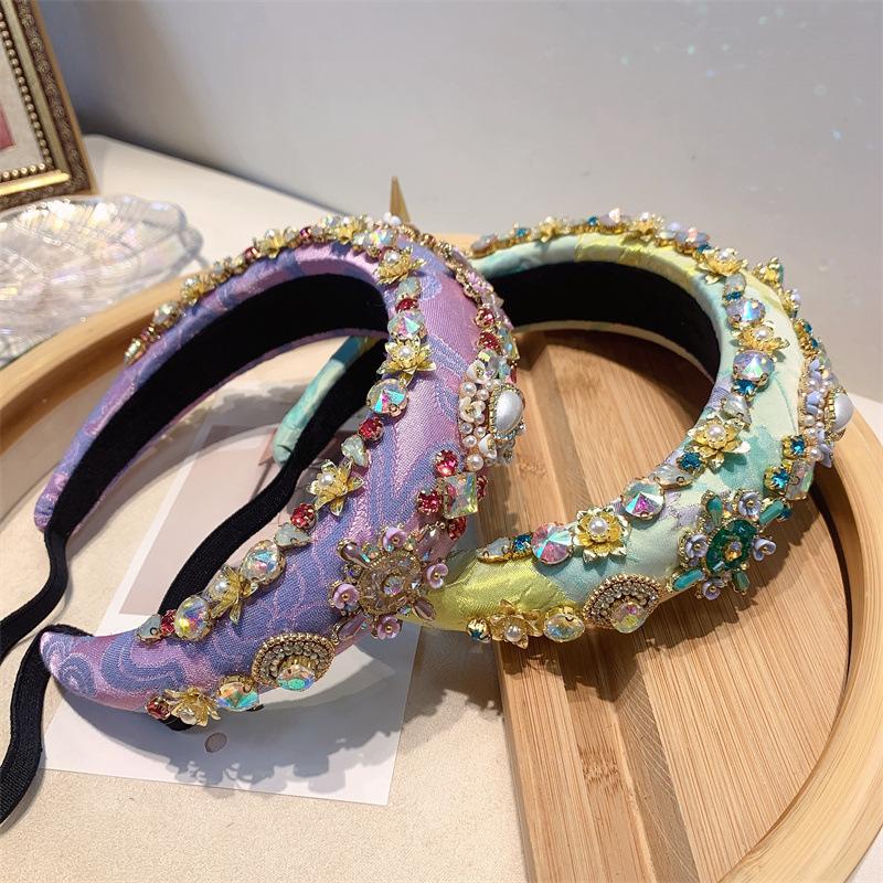 Women Full Rhinestone Headband Bling Sparkle Crystal Fashion Purple Green Hair Hoop Thick Padded Hairband For Parties