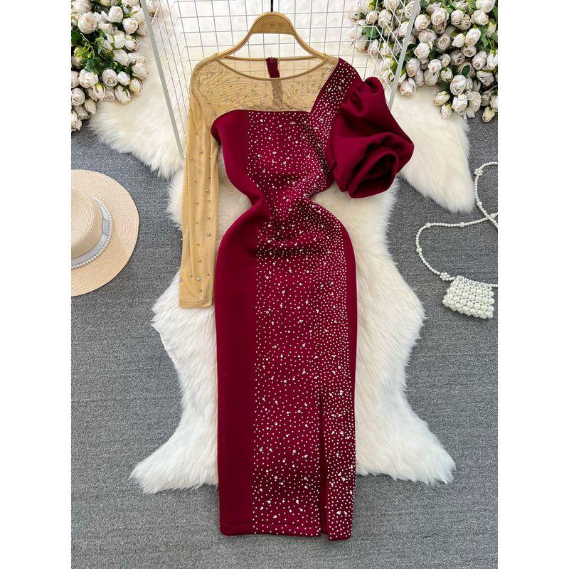 

Banquet Socialite Mesh Diamond Dress Evening Dress Burgundy XL