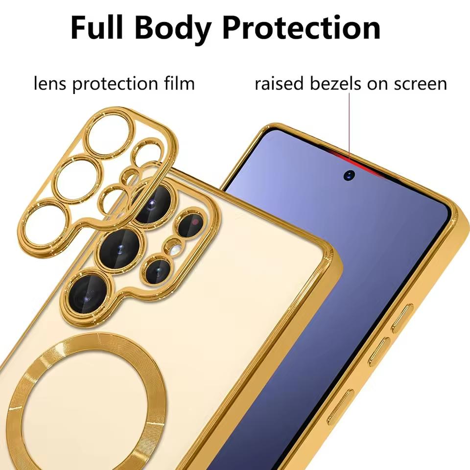 Mocne Magnetyczne Magsafe Przezroczyste Cienkie Etui Dla Samsunga Galaxy S25 S24 S23 S21 FE S22 Ultra Plus Luksusowe Platerowane Silikonowe Miękkie Etui