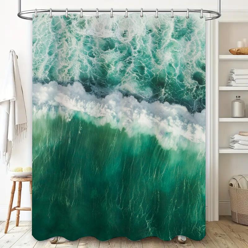 Grüner Wellenmuster Duschvorhang Wasserdicht Badezimmerdeko Wasserfall Gedruckter Stoff Badewanneneinlage Für Heimdekoration