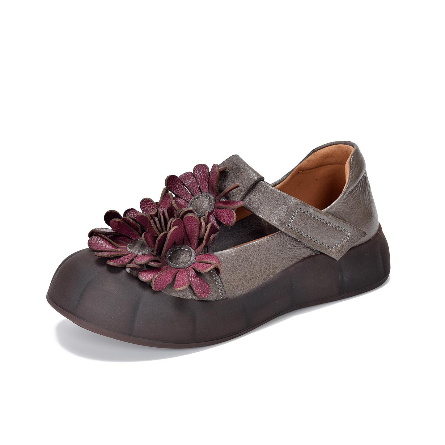 

Johnature Handmade Flower Round Toe Flat Heel Shoes Genuine Leather Retro Women s Shoes 40 сірий колір