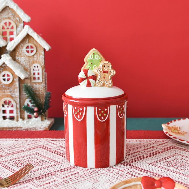 Ceramic Christmas Storage Jar with Lid, 700ml Holiday Candy Canister for Counter Display, Tea Bag Storage, Coffee Bar Accent Use Home