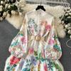 Elegant Linen Floral Holiday Robe Dress Women Spring Summer Stand Long Lantern Sleeve Sashes Vestidos Floral Print Clothes