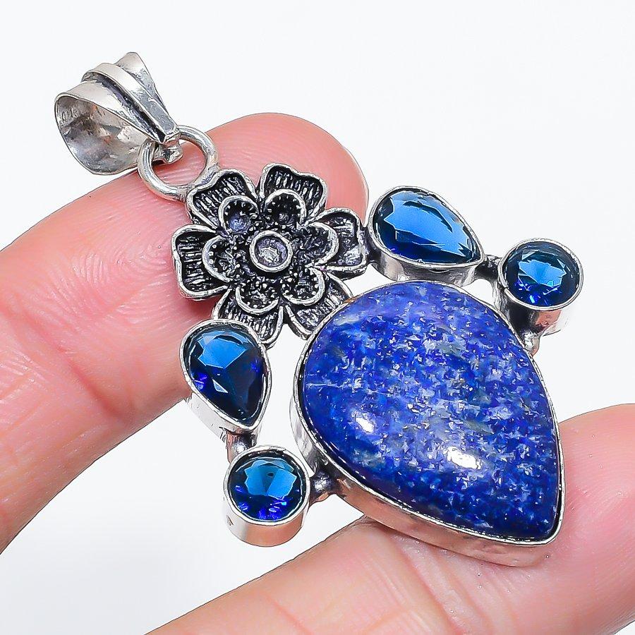 Lapis Lazuli, Topaz Gemstone 925 Sterling Silver Jewelry Pendant 2.17"