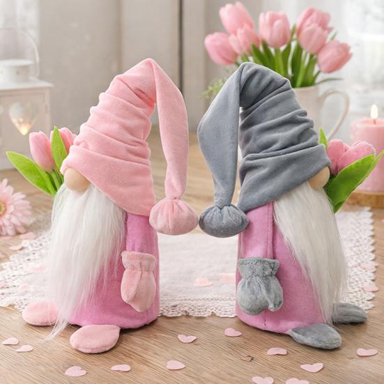 Valentine's Day Plush Gnome with Pink Tulips Spring Stuffed Gnome Doll for Tiered Tray Fireplace Table Decor Gifts for Her Wife Teacher Girls