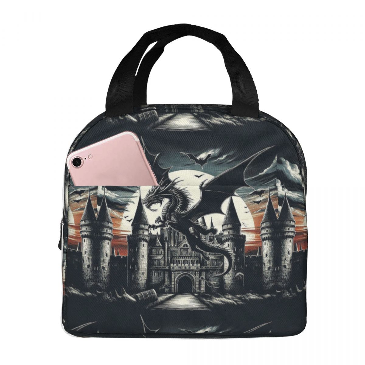 Fantasy Mythical Dragon And Castle Insulated Lunch Bag for Kids School Cooler Thermal Food Box Tote Lunch Boxes Container One Size