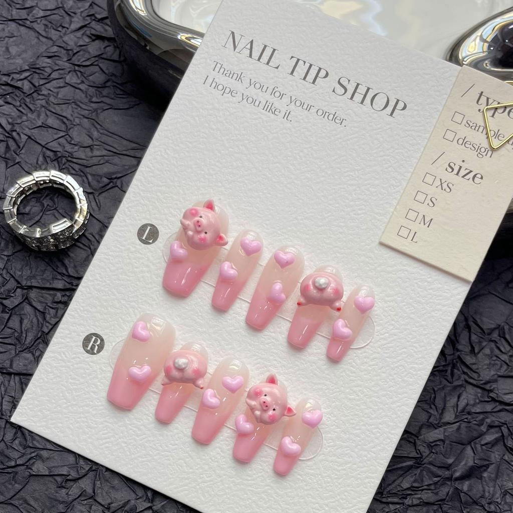 Pink Gradient Fake Nails with 3D Heart Easy To Apply Simple To Peel Off Nails for Hot Girl Dress Matching