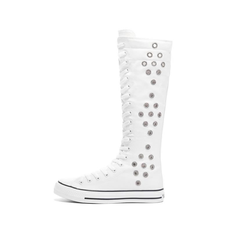 Scarpe da donna a tubo lungo con cinturino frontale e cerniera laterale scarpe a tubo lungo scarpe in tela traspirante vuote con strass lunghe