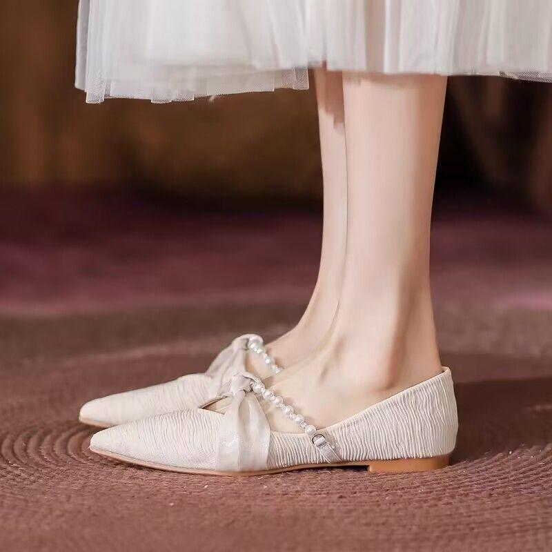 Fashion Shoes for Women Pointed Toe Apricot Pearl Wedding Bride Shoe Woman Flats Comfortable and Elegant Casual Walking Daily Routine 39