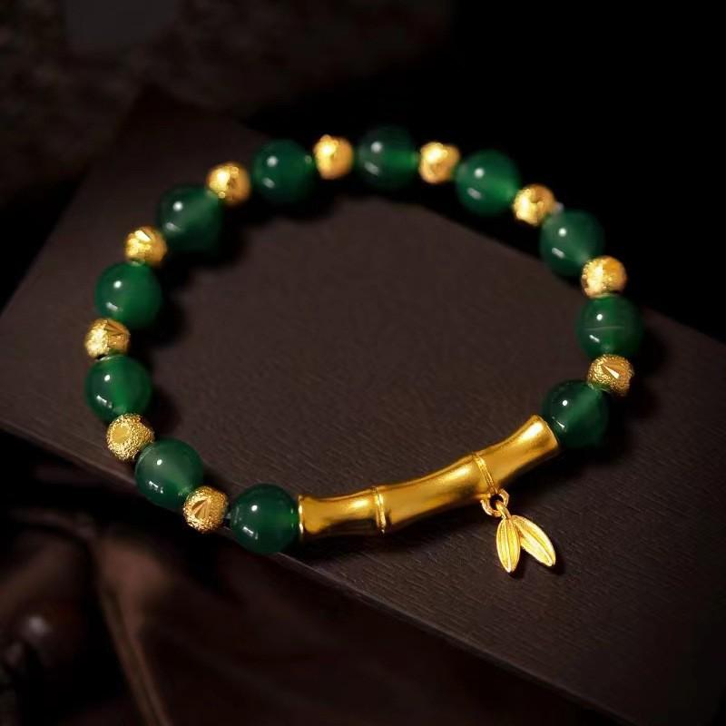 Браслет из зеленого агата и бамбука, бусины 8 мм - Ретро-украшение унисекс