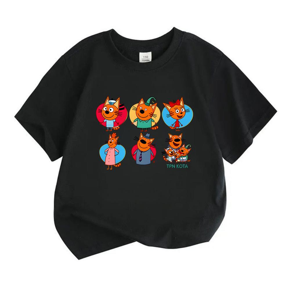 Kids Boys Girls 100% Cotton Crew Neck Short Sleeve T-Shirt, Cute Orange Cartoon Cat Family Print Casual Soft Breathable Top for Children Daily Wear, G