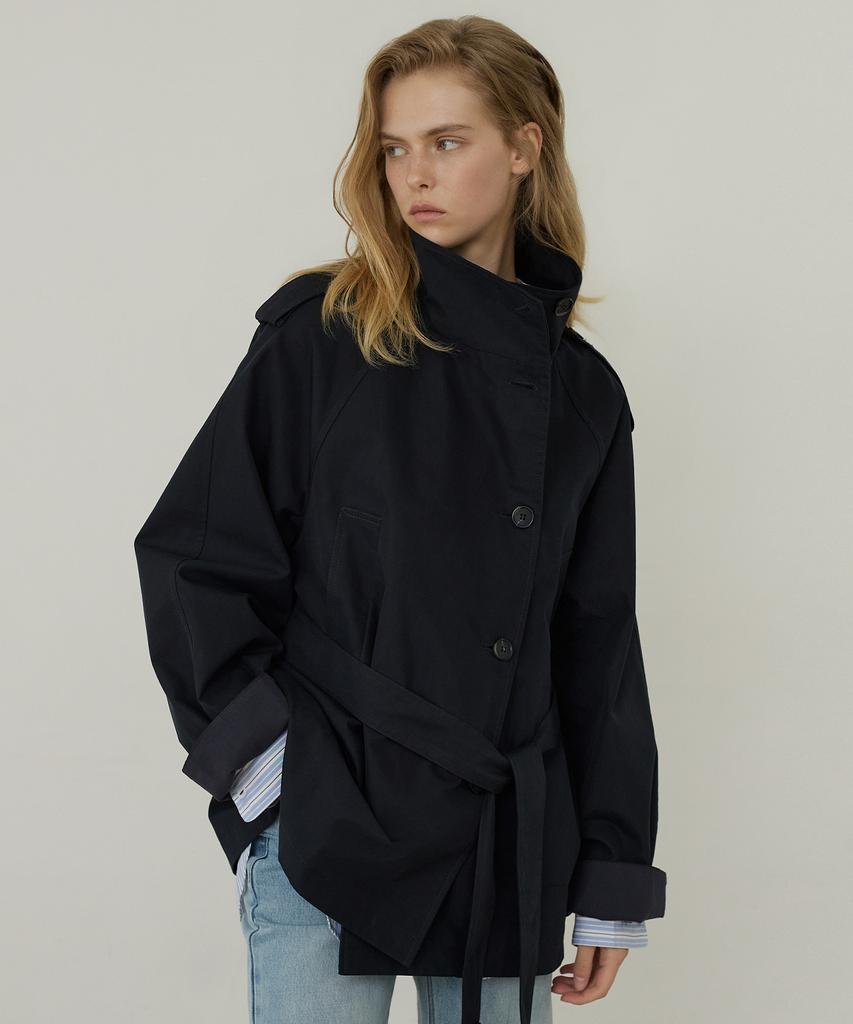 CITYBREEZE High-Neck Belted Half Trench Coat_Dark Navy