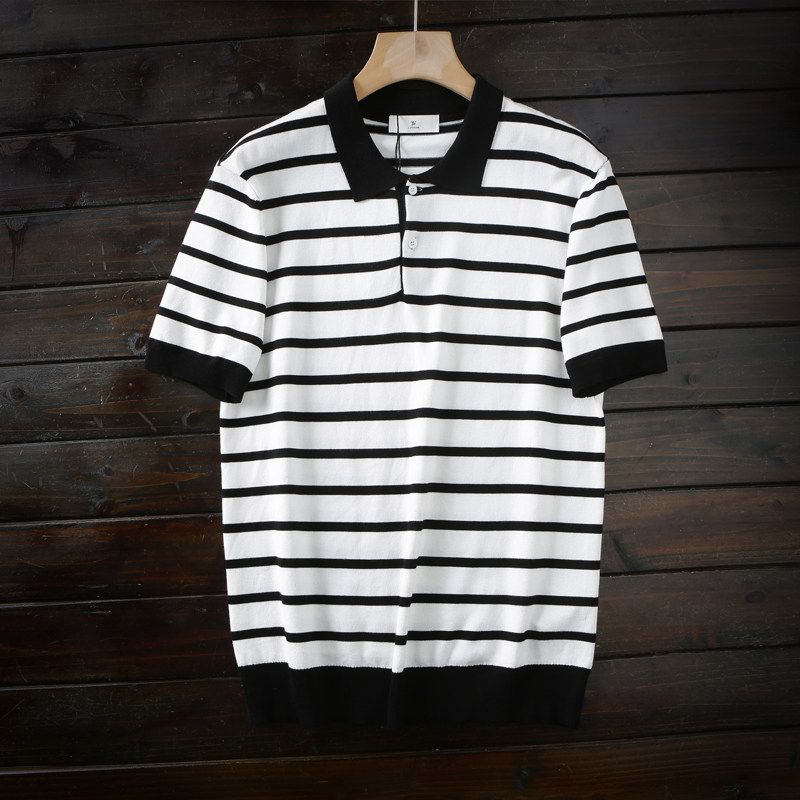 Cool Feeling Silk Light 389 + Foreign Trade Tail Goods Men's Summer Retro Lapel Striped Knitted Short Sleeve Polo Shirt