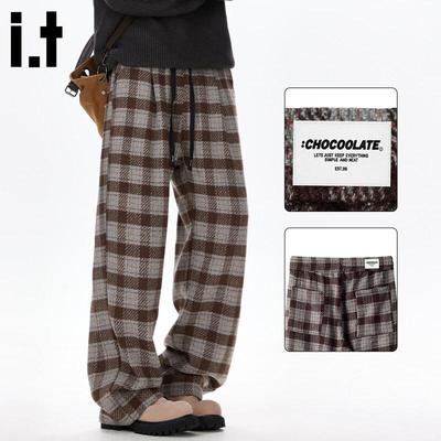 :CHOCOOLATE Men's Wool Blend Plaid Loose Straight-Leg Casual Pants