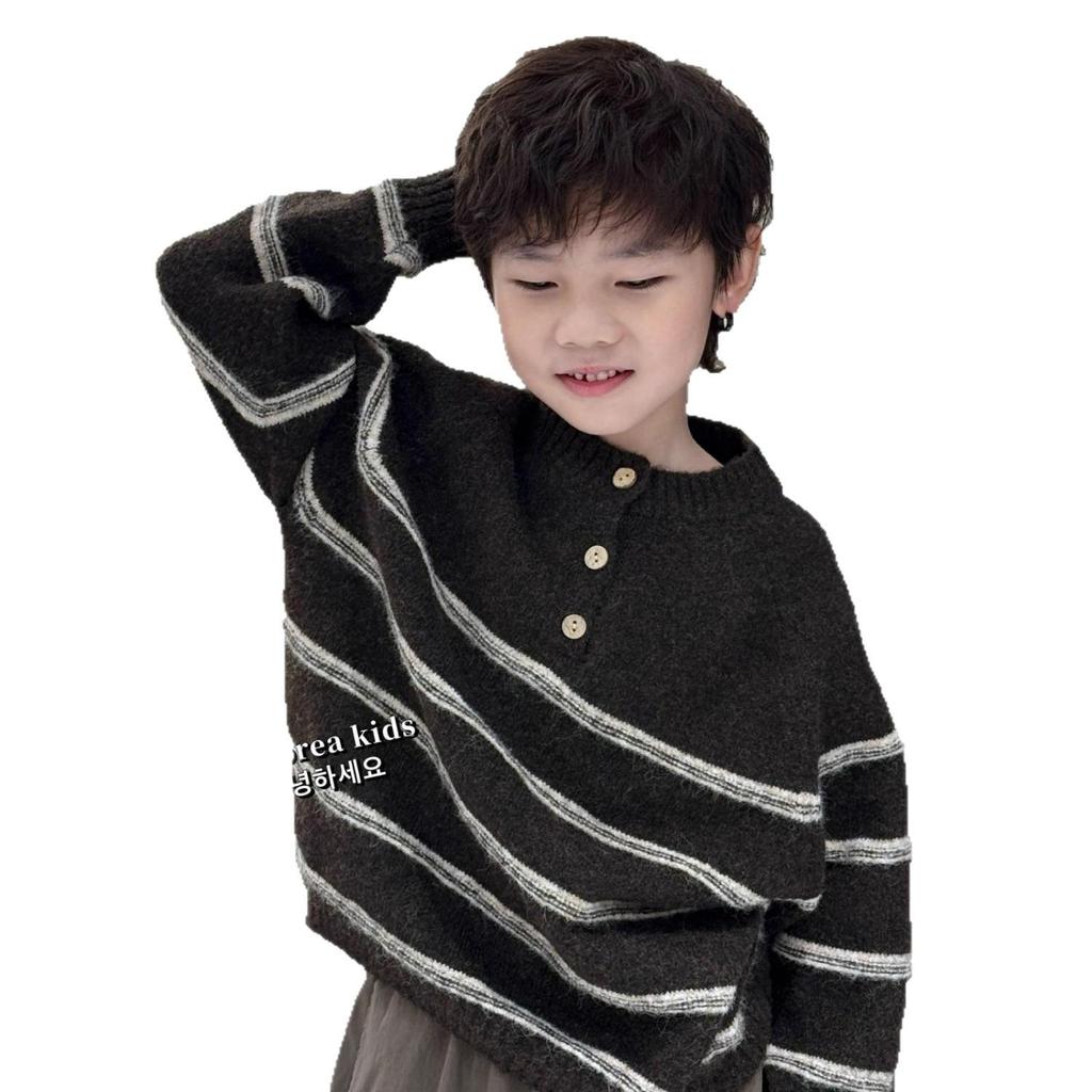 Unisex Children's Casual Striped Knit Sweater - Soft Retro Autumn/Winter Wear 2025