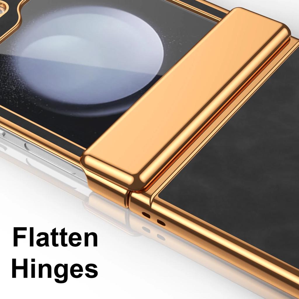 PU Leather Phone Case for Samsung Z Flip 7 fe 6 5 4 3 Flip6 Flip5 Flip4 Flip3 Hinge Protective Gold Frame Cover