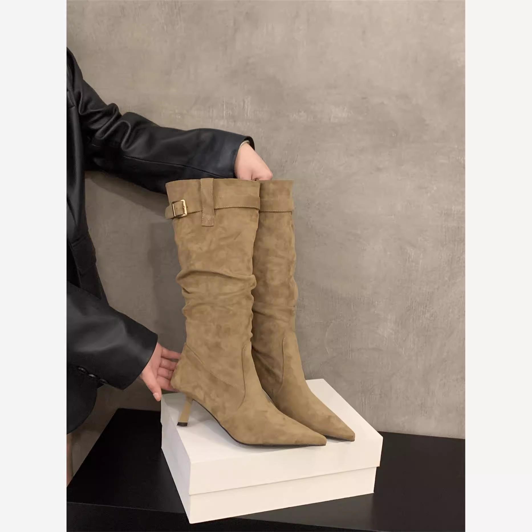 

Pointed High Heel Khaki Skinny Boots Women s Shoes Summer Vintage Pile Boots Medium Barrel 39