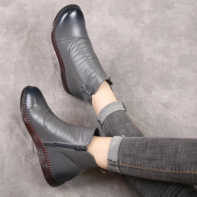 TIMETANG Jesienne Damskie Buty Skórzane Botki Damskie Moda Zimowe Buty Damskie Ciepłe Antypoślizgowe Płaskie Buty Na Grubej Podeszwie Damskie Buty