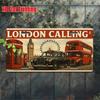 London Calling Metal License Plate -  Retro Aluminum Wall Art, London Landmark Design with Red Double-Decker Bus & Big Ben Clock