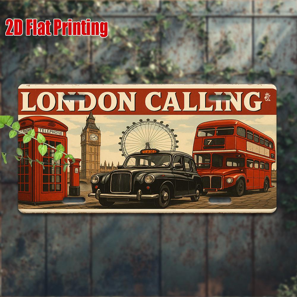 London Calling Metal License Plate -  Retro Aluminum Wall Art, London Landmark Design with Red Double-Decker Bus & Big Ben Clock