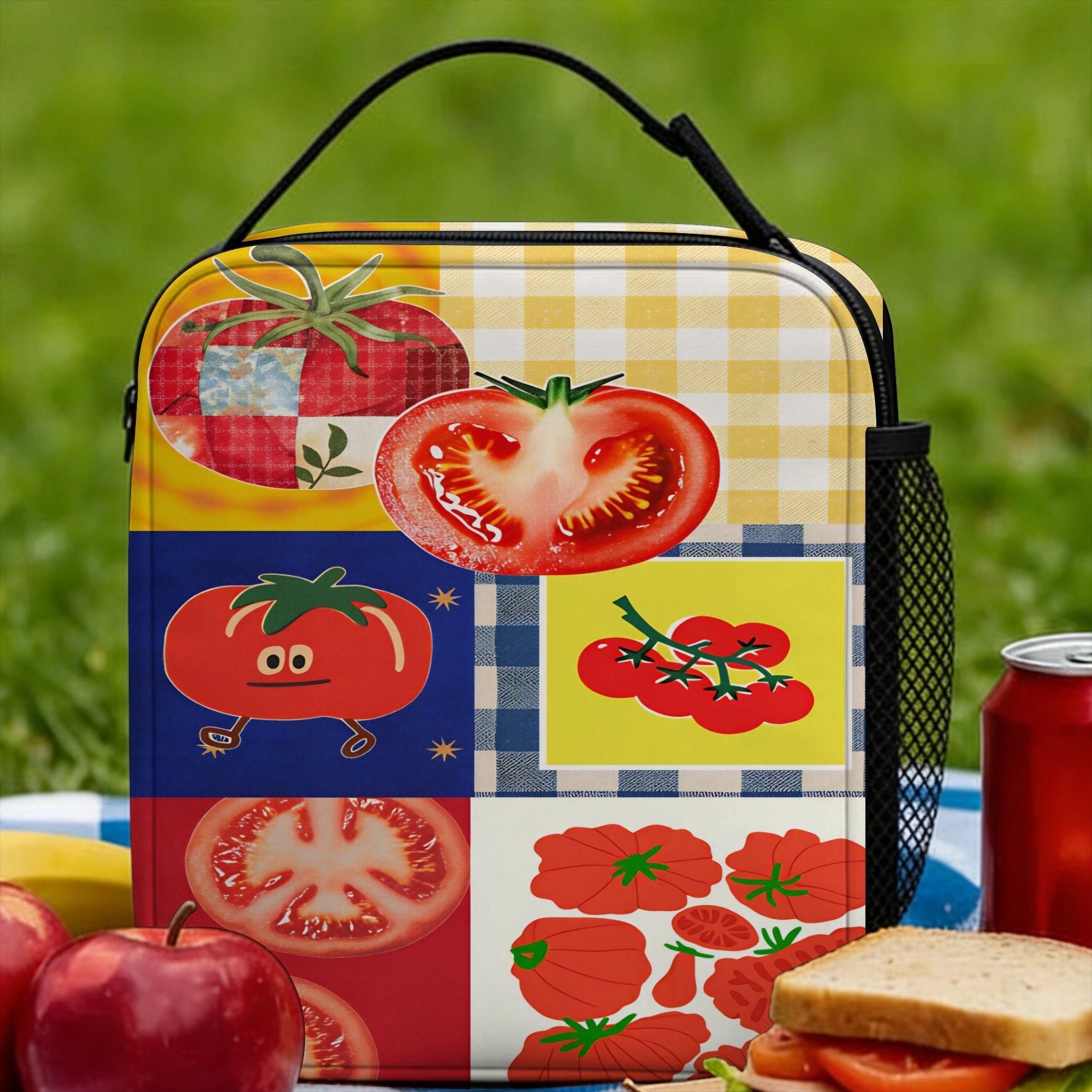 Tomato - Red Background Lunch Bag Vintage Lunch Box For Unisex Office Convenient Cooler Bag Waterproof Thermal Tote Handbags One Size