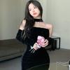 French Golden Velvet Spice Girl Style Tube Top Dress for Women's Summer Sexy Off-the-shoulder Waist Tight and Thin Hip Skirt