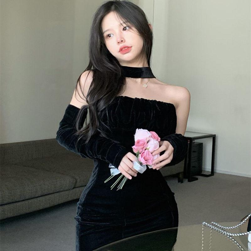 French Golden Velvet Spice Girl Style Tube Top Dress for Women's Summer Sexy Off-the-shoulder Waist Tight and Thin Hip Skirt