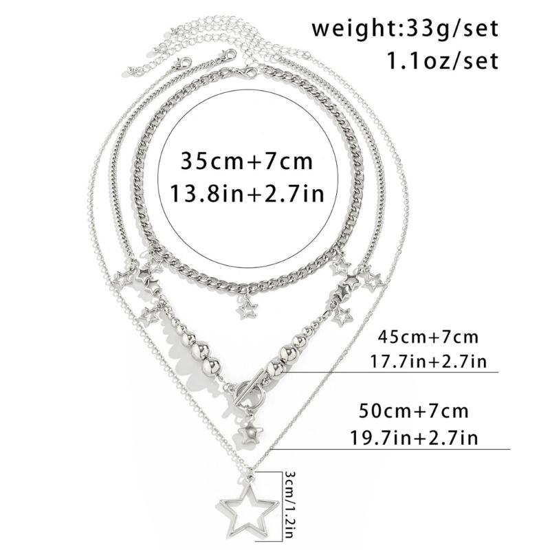 3Pieces Star Fringe Necklace Hip Hop Round Bead Choker Multilayer Clavicle Chain Y2K Jewelry OT Buckle Necklace Party