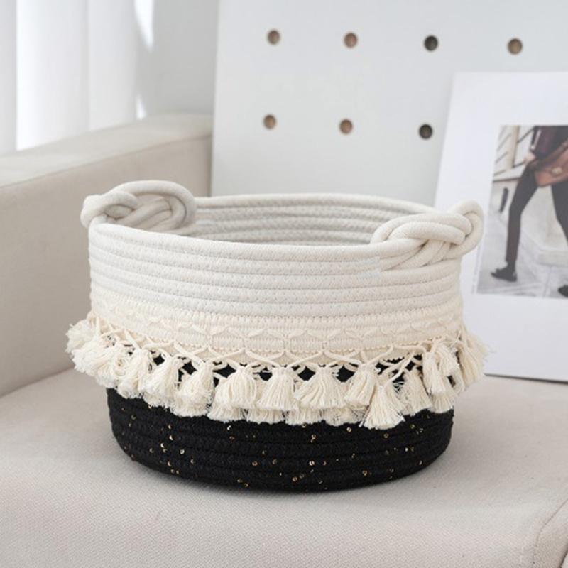 Stylish Cotton Rope Woven Storage Basket Contemporary Tassels Cotton Rope Basket Practical and Soft Storage Container