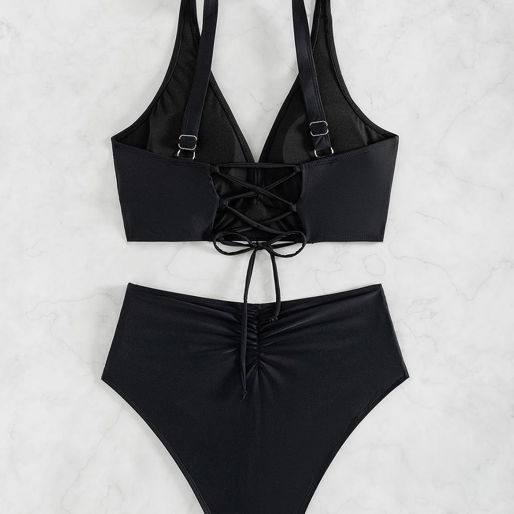 Solid Ruched High Waist Sexy Bikini Set Elegant Slimming Two Piece Swimwear