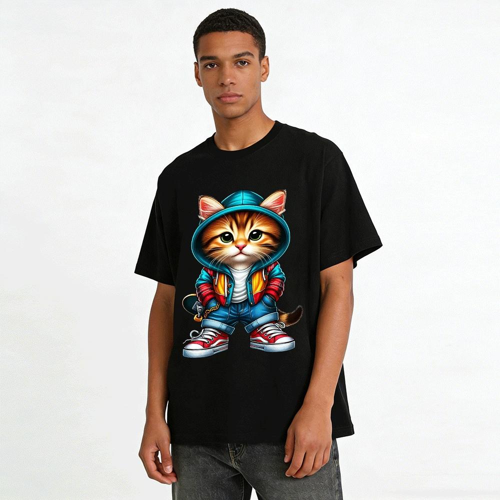 Cool Skateboard Cat Print Casual Top Unisex Trendy Tee Pure cotton T-shirt