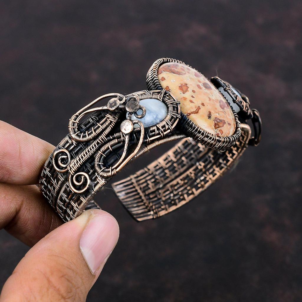 Asteroid Jasper Cuff Bracelet Copper Wire Wrapped Bangle Gemstone Adjustable Cuff Bracelet Rainbow Moonstone Bangle Handmade Designer Bangle