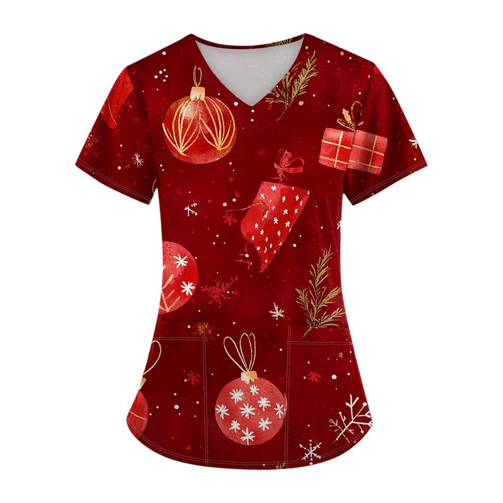 Ladies Short Sleeve Cross V Neck  Print Pocket Top