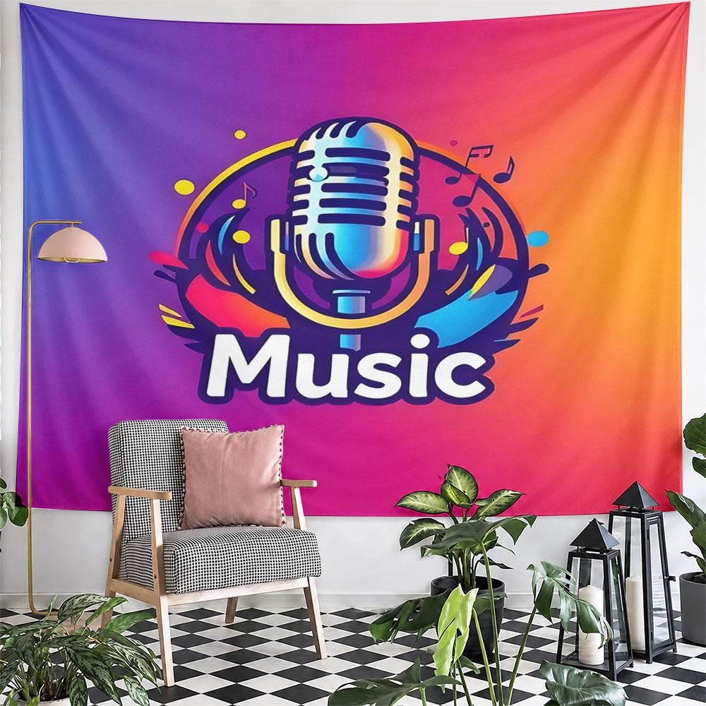 Colorful Retro Microphone with Music Notes Pattern Wall Hanging Tapestry Decorative Tapestry Home Decor for Bedroom and Living Room