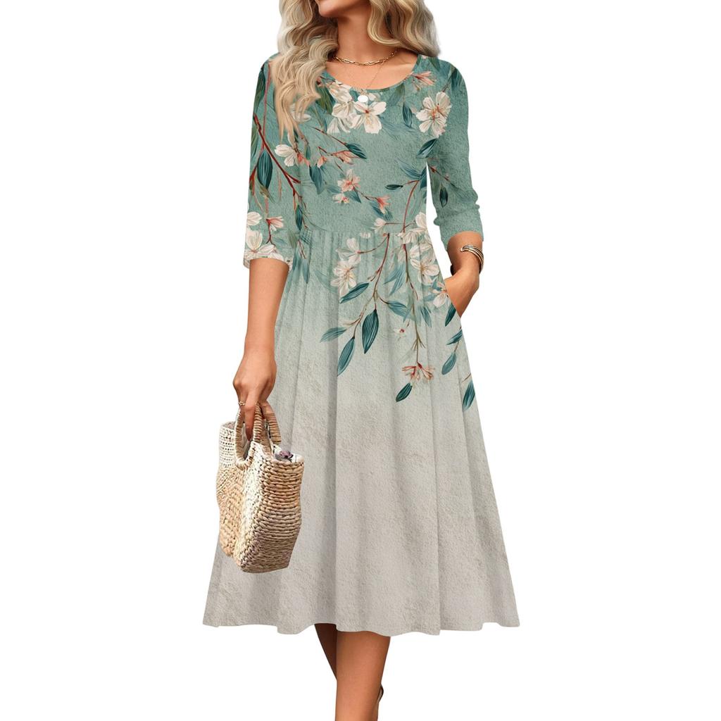 Rochie de damă cu mâneci 3/4, casual, fluidă, în A, midi, tip tricou, cu buzunare, cu gât rotund, pentru vacanță, boho, de plajă, de vară