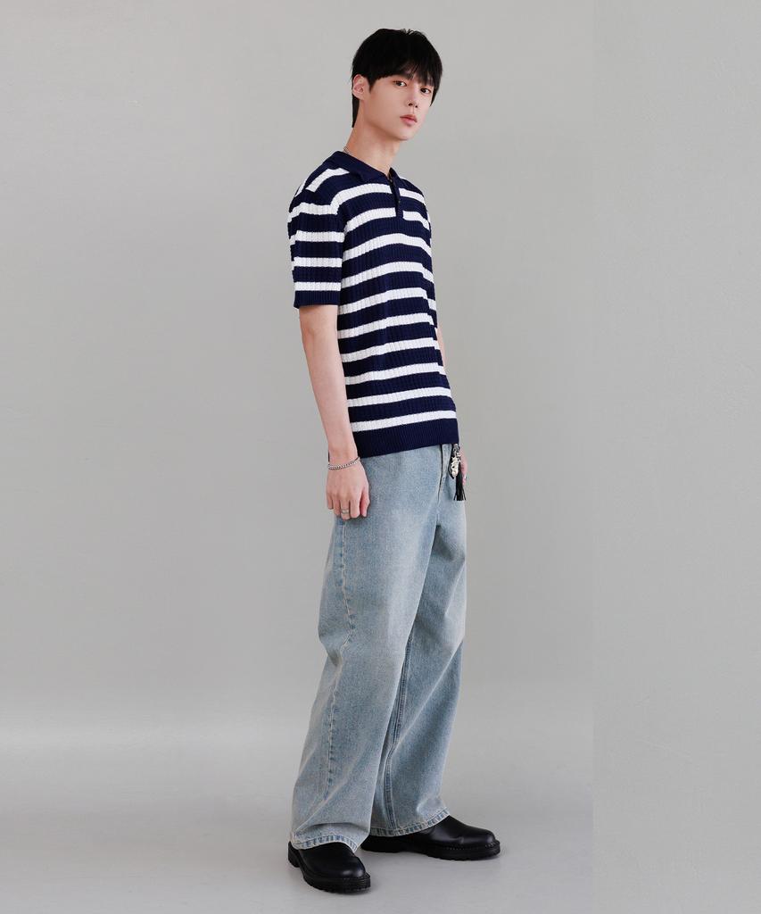 NODU Waffle Stripe Collar Crop Half Knit [Navy]