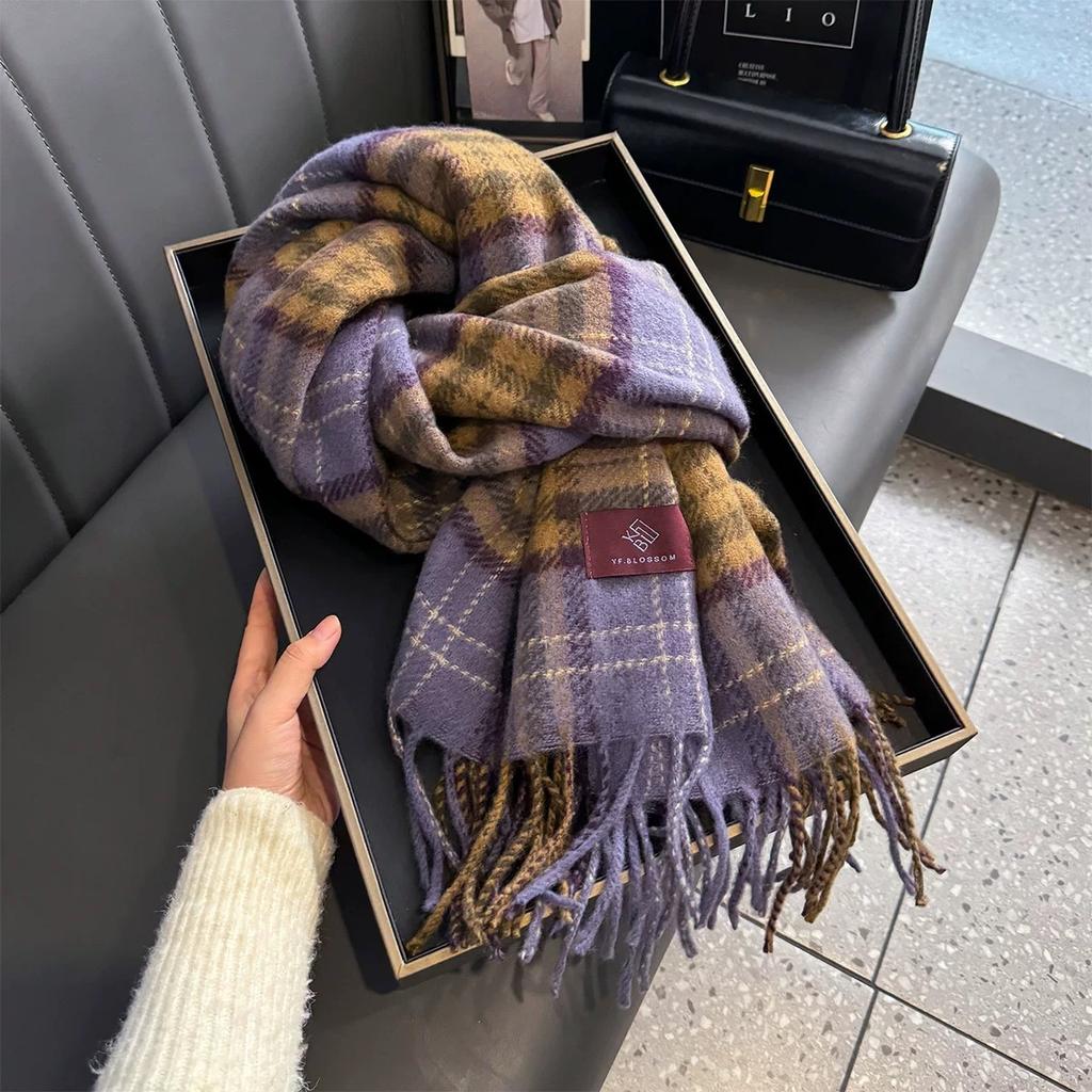 Autumn and Winter Scarf Women's Winter Double sided Plaid High End Tassel Thickened Warm Plum Sauce Purple Scarf