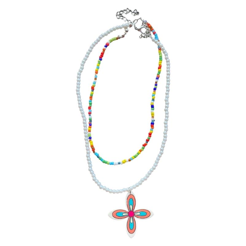 Bohemian Beaded Necklace Summer Rice Beads Double-Layer Necklace Beach Necklace Jewelry Suitable for Ladies and Girls