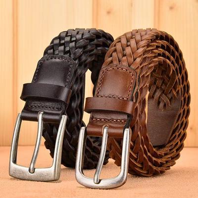 Handmade Woven Leather Belt - Men's Genuine Top Grain Cowhide Casual Retro Pin Buckle Belt