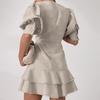 Women's cotton and linen V-neck lantern sleeve dress, new single-breasted layered design lace a-word skirt