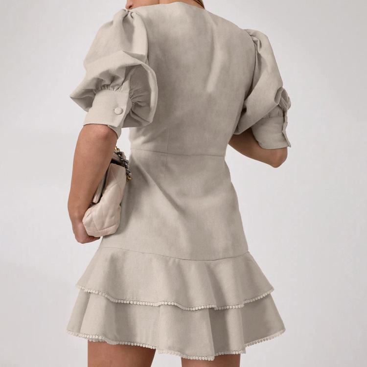 Women's cotton and linen V-neck lantern sleeve dress, new single-breasted layered design lace a-word skirt