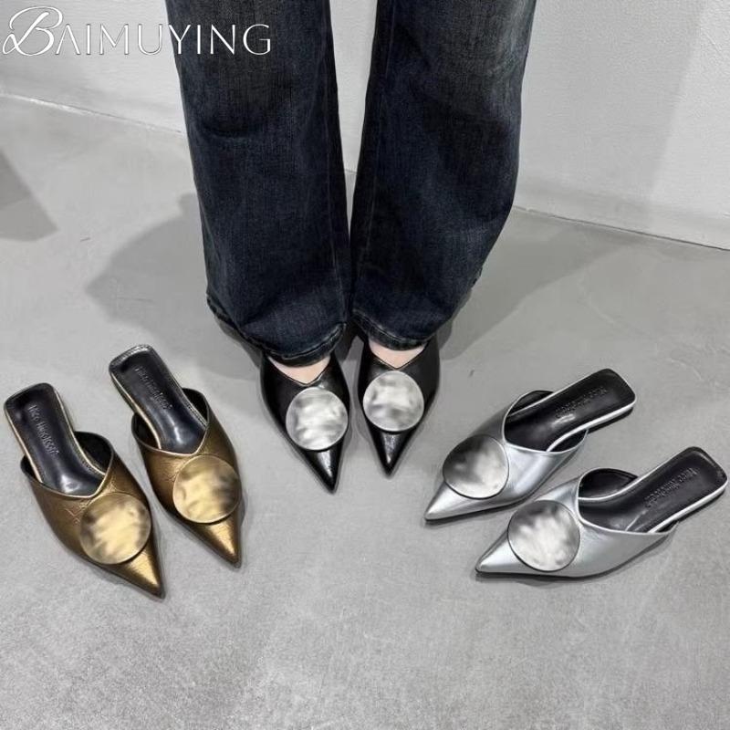Fashion Pointed Toe Slippers Women Sandals Mules Shoes Low Heels Sexy Luxury 2025 Trend Flip Flops Summer Slides Metal Dress Casual Shoe
