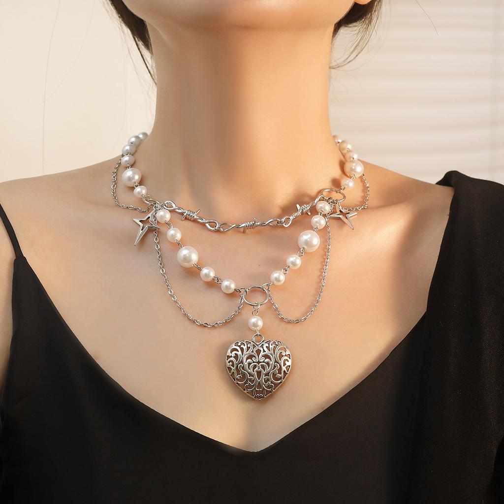 Multilayer Star Love Heart Pendant Necklace Women Imitation Pearl Chain Bridal Neck Jewelry Accessories