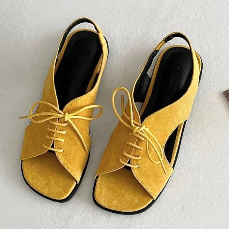 Fashion Retro Roman Style Flat Sandals Women Brown Faux Suede Lace Up Designer Shoes Comfort Open Toe Soft Sole Beach Shoe Zapatos Mujer